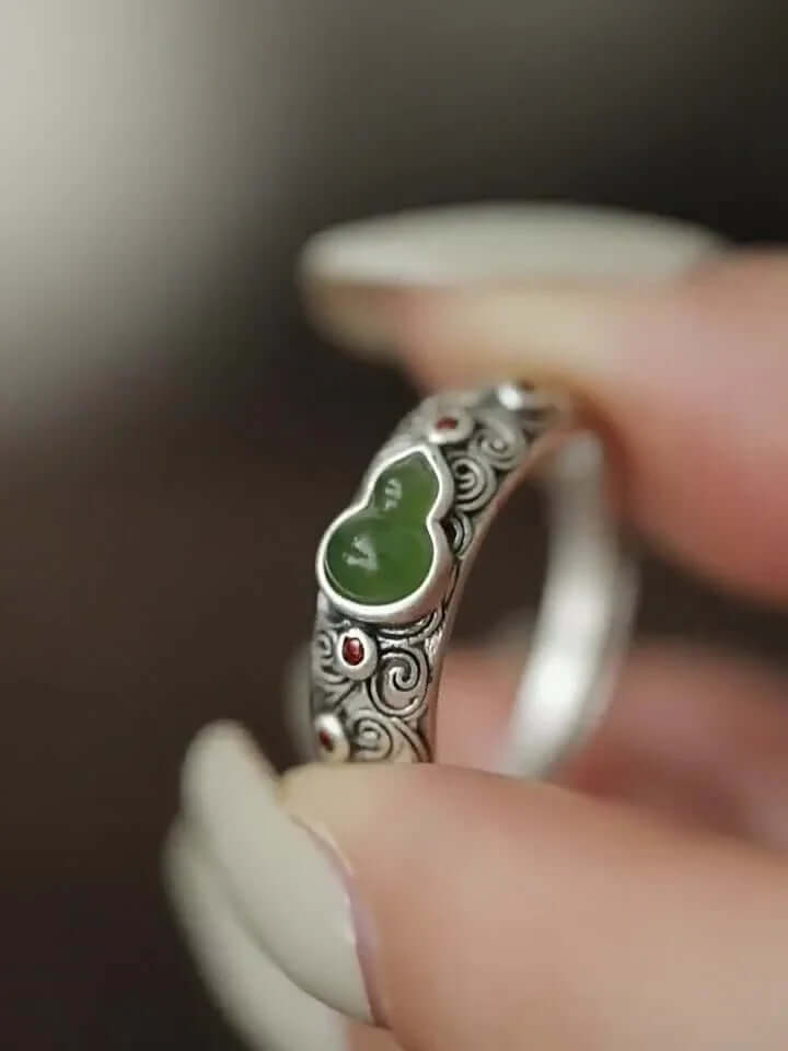 TaoVella "Blessed Harmony" 925 Silver Jade Gourd & Lucky Cloud Feng Shui Ring (Adjustable) - TaoVella
