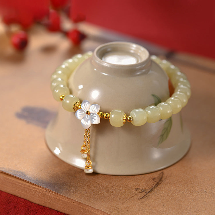 TaoVella Natural Jade & White Shell Cherry Blossom Bracelet Spiritual Protection