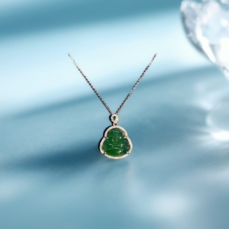 TaoVella Chalcedony Jade Pendant Sterling Silver Maitreya Buddha Healing & Good Luck Necklace