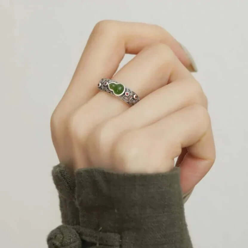 TaoVella "Blessed Harmony" 925 Silver Jade Gourd & Lucky Cloud Feng Shui Ring (Adjustable) - TaoVella