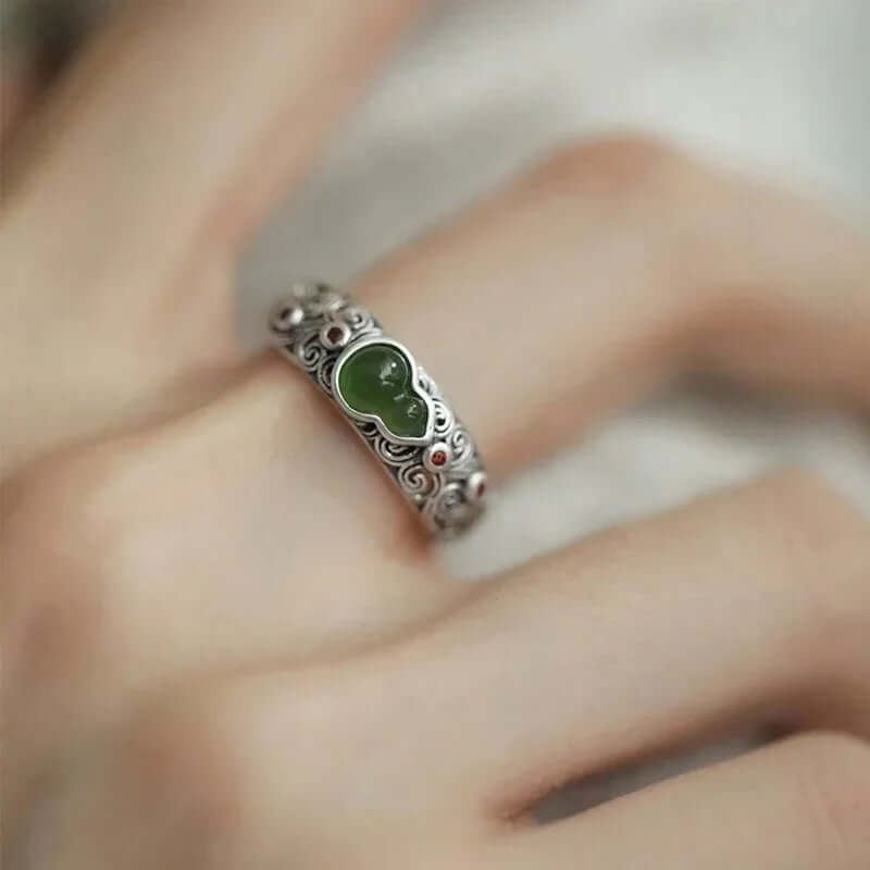 TaoVella "Blessed Harmony" 925 Silver Jade Gourd & Lucky Cloud Feng Shui Ring (Adjustable) - TaoVella