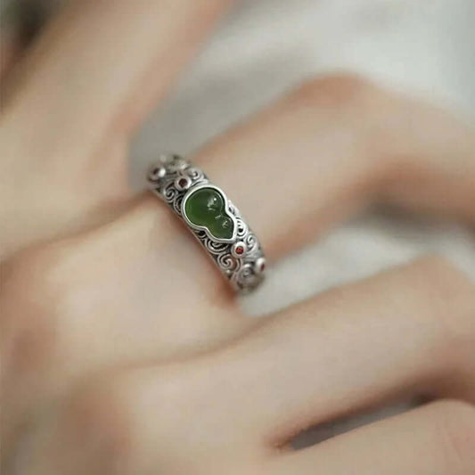TaoVella "Blessed Harmony" 925 Silver Jade Gourd & Lucky Cloud Feng Shui Ring (Adjustable) - TaoVella