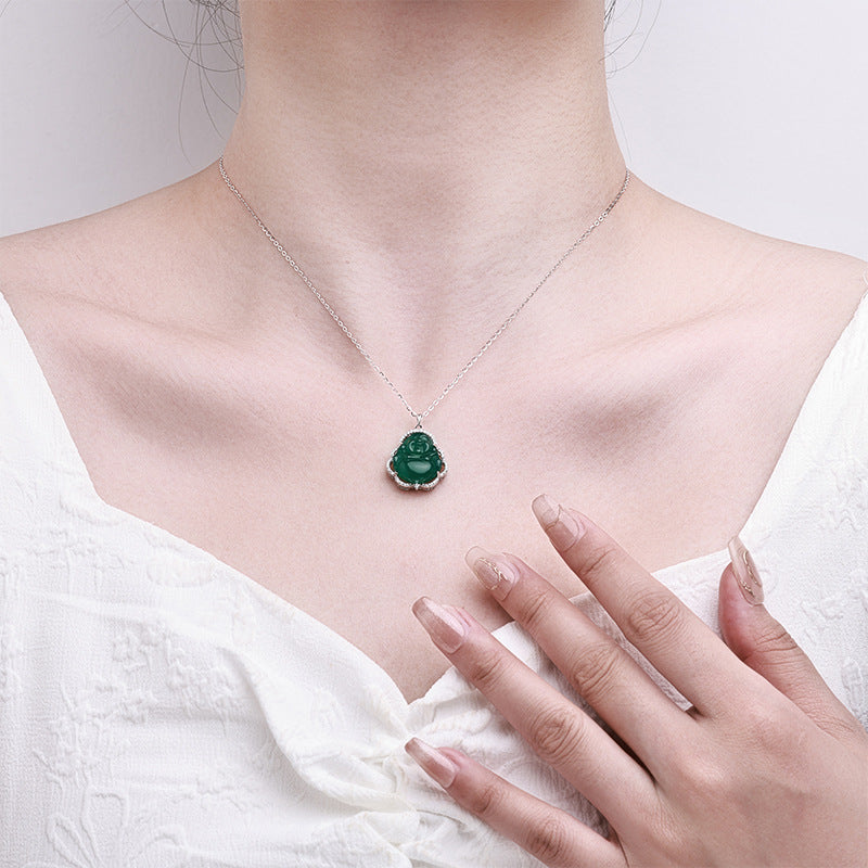 TaoVella Chalcedony Jade Pendant Sterling Silver Maitreya Buddha Healing & Good Luck Necklace