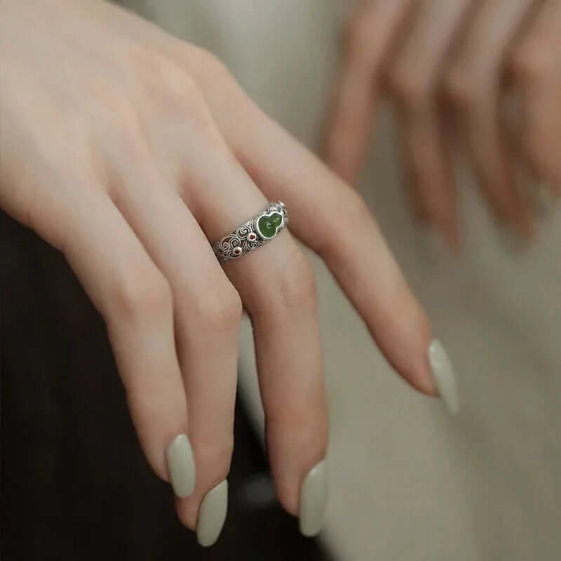 TaoVella "Blessed Harmony" 925 Silver Jade Gourd & Lucky Cloud Feng Shui Ring (Adjustable) - TaoVella