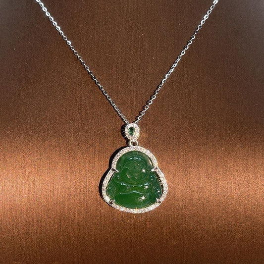 TaoVella Sterling Silver Maitreya Buddha Chalcedony Healing & Good Luck Necklace - TaoVella