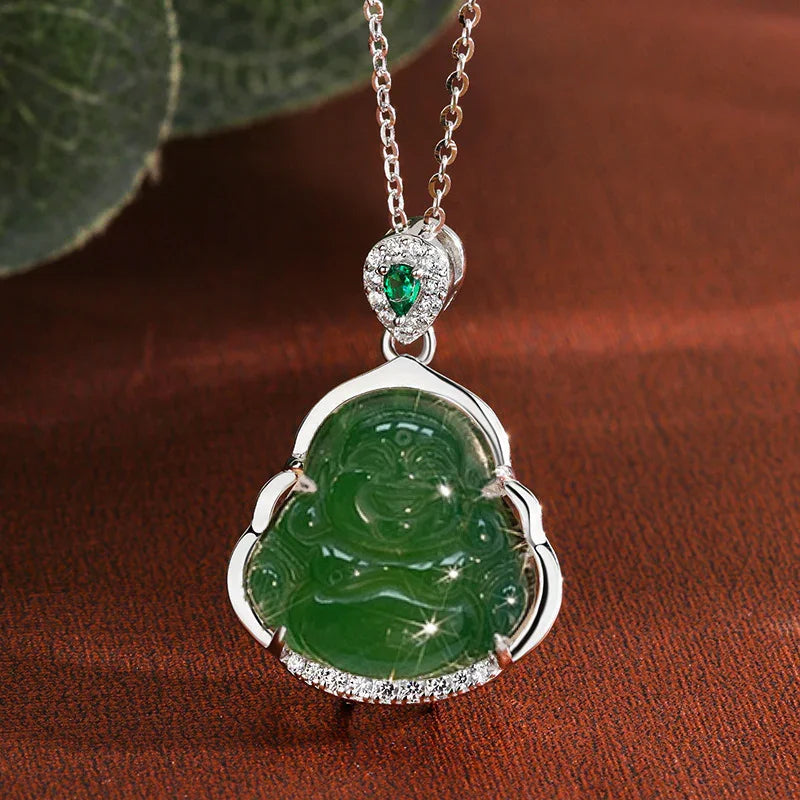 TaoVella Sterling Silver Maitreya Buddha Chalcedony Healing & Good Luck Necklace - TaoVella