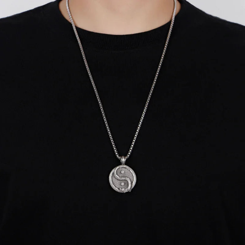 TaoVella China Dragon Yin-Yang Taiji Luck & Protection Energy Titanium Necklace - TaoVella
