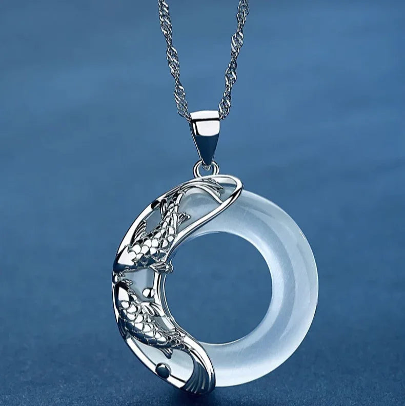 TaoVella Natural White Jade & Sterling 925Silver Double Fish Koi Good Luck Necklace - TaoVella