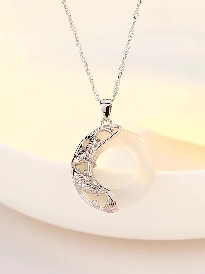 TaoVella Natural White Jade & Sterling 925Silver Double Fish Koi Good Luck Necklace - TaoVella