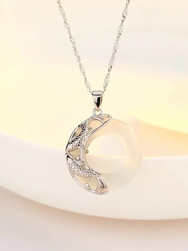 TaoVella White Jade Pendant Meaning | Sacred Double Koi Fish Necklace for Protection & Good Fortune - TaoVella