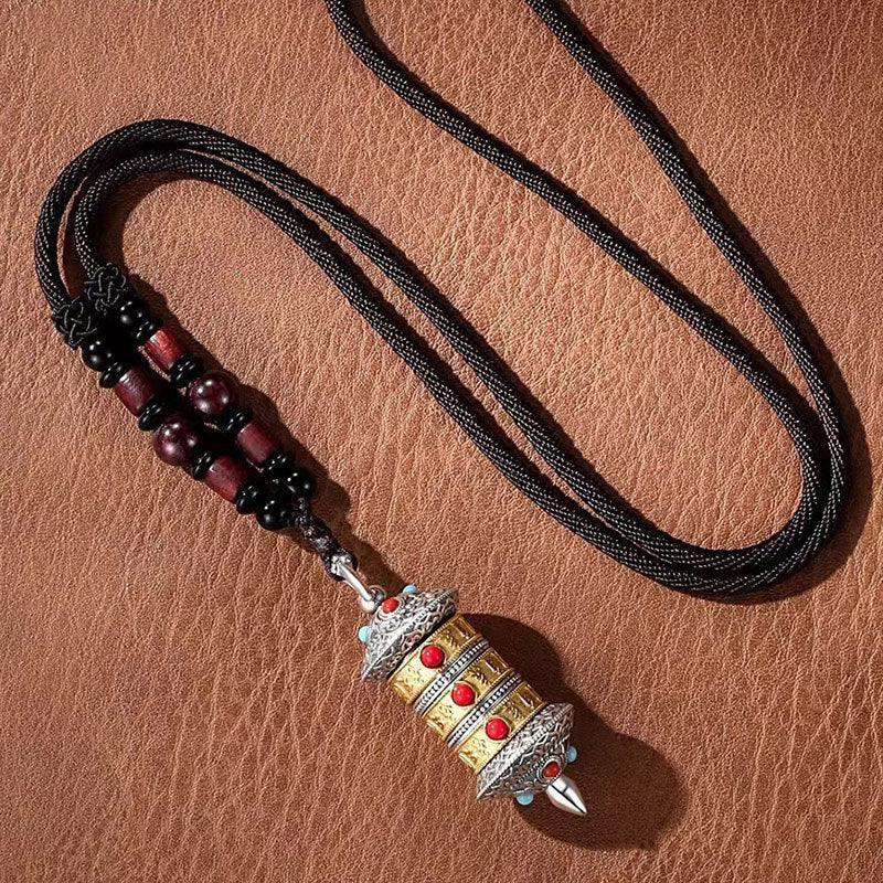 TaoVella Tibetan Fortune Wheel Six‑Syllable Mantra Prayer Wheel Amulet Necklace - TaoVella