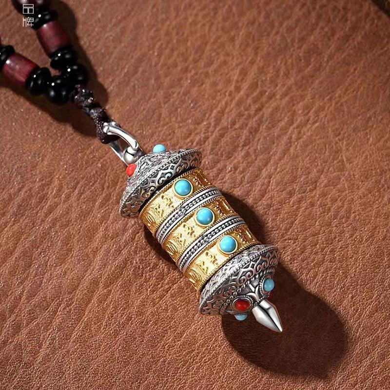 TaoVella Tibetan Fortune Wheel Six‑Syllable Mantra Prayer Wheel Amulet Necklace - TaoVella