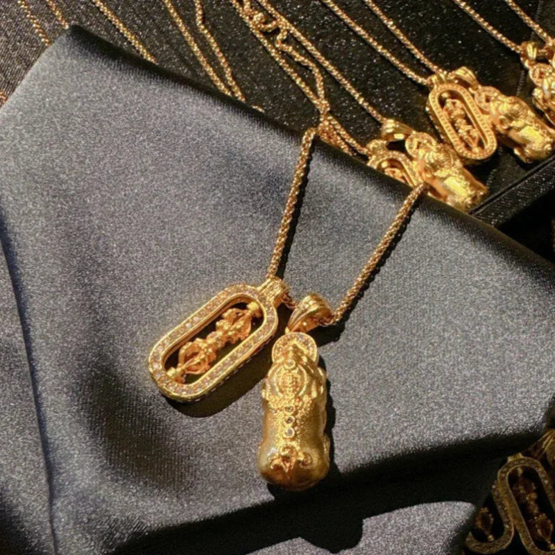 TaoVella Ancient Gold Filigree Vajra Pi Xiu Career Protection Necklace Tibetan Buddhism - TaoVella
