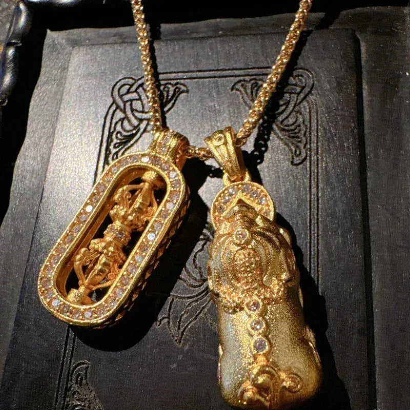 TaoVella Ancient Gold Filigree Vajra Pi Xiu Career Protection Necklace Tibetan Buddhism - TaoVella
