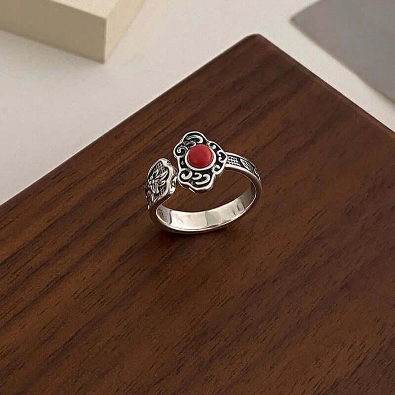 TaoVella 925 Silver Nanhong Agate Ruyi Charm Oriental Vintage Good Luck Ring (Adjustable) - TaoVella