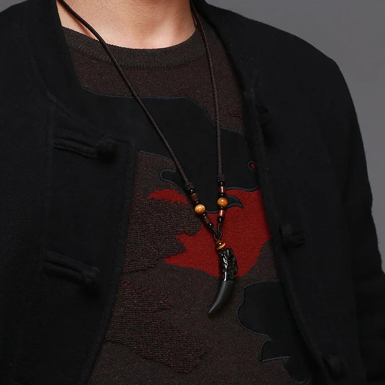 TaoVella Black Obsidian Wolf Tooth Protective Good Luck Energy Necklace - TaoVella