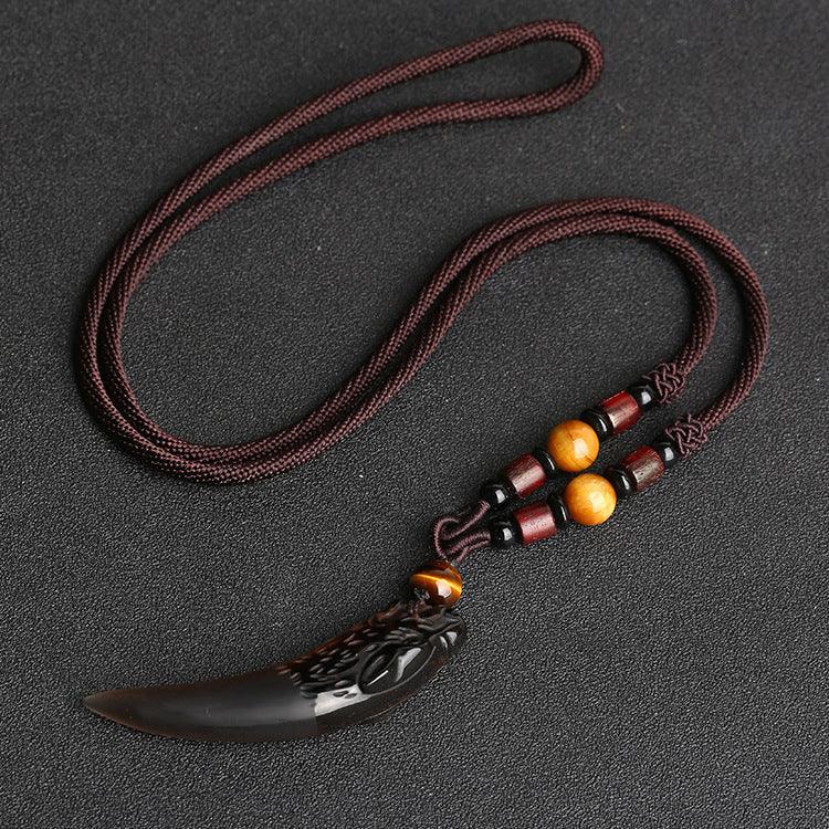 TaoVella Black Obsidian Wolf Tooth Protective Good Luck Energy Necklace - TaoVella