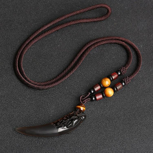 TaoVella Black Obsidian Wolf Tooth Protective Good Luck Energy Necklace - TaoVella