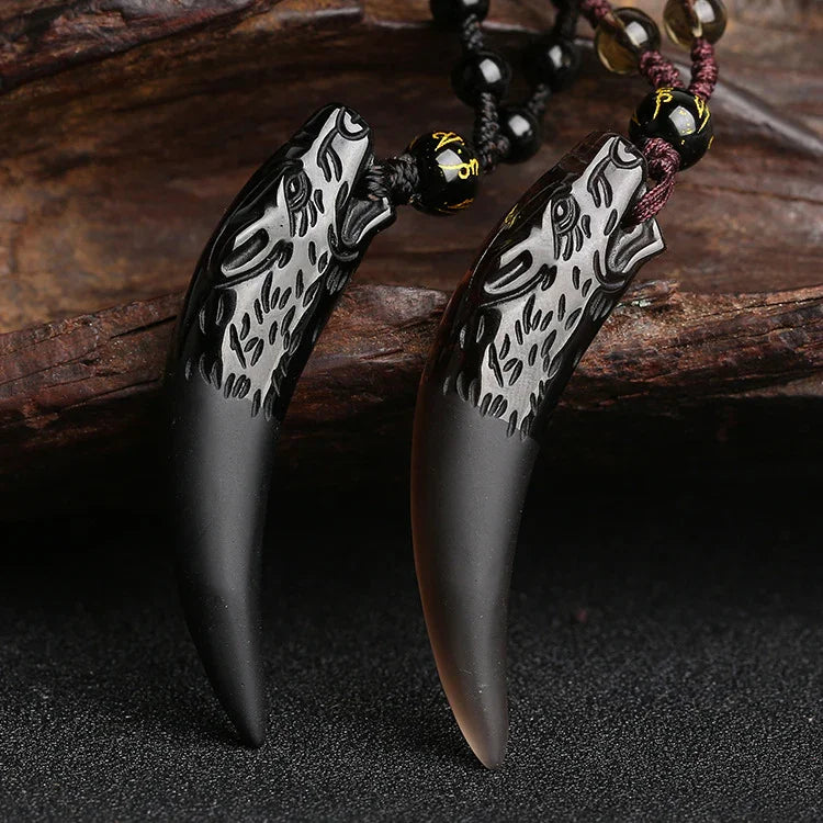 TaoVella Black Obsidian Wolf Tooth Protective Good Luck Energy Necklace - TaoVella