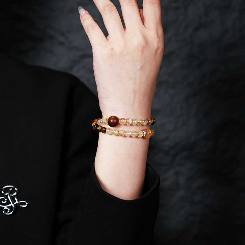 TaoVella Citrine & Tiger’s Eye Stone Double-Wrap Bracelet for Luck & Protection