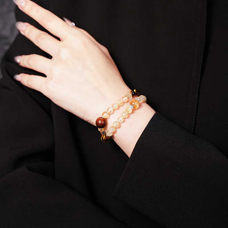 TaoVella Citrine & Tiger’s Eye Stone Double-Wrap Bracelet for Luck & Protection