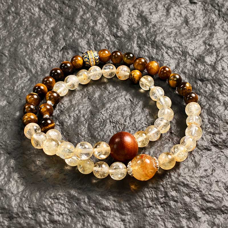 TaoVella Citrine & Tiger’s Eye Stone Double-Wrap Bracelet for Luck & Protection