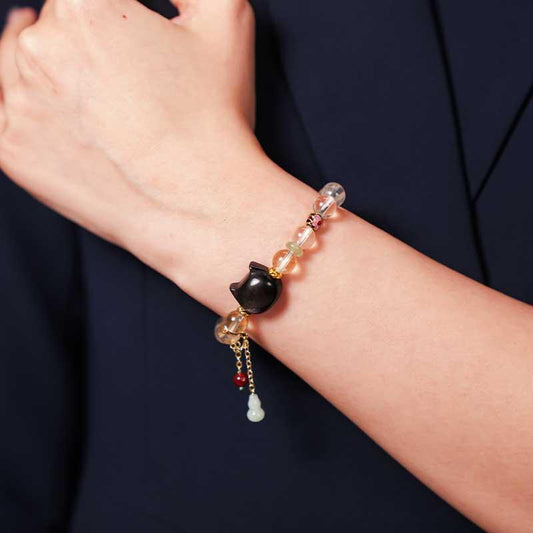 TaoVella Natural White Crystal and Black Obsidian Cat Bracelet - Guardian of Energy Order - TaoVella