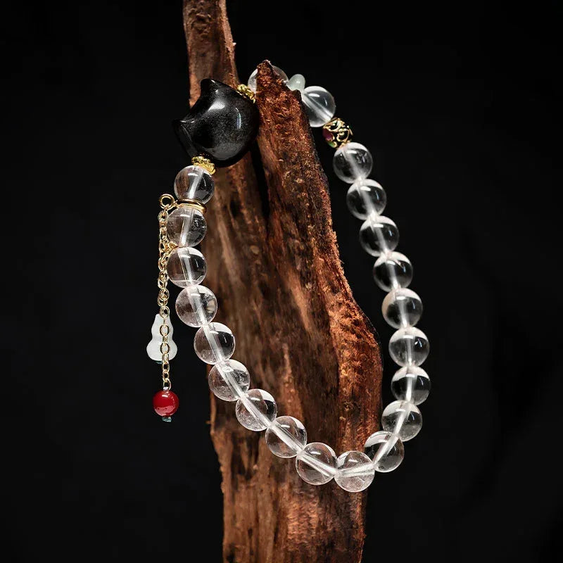 TaoVella Natural White Crystal and Black Obsidian Cat Bracelet - Guardian of Energy Order - TaoVella