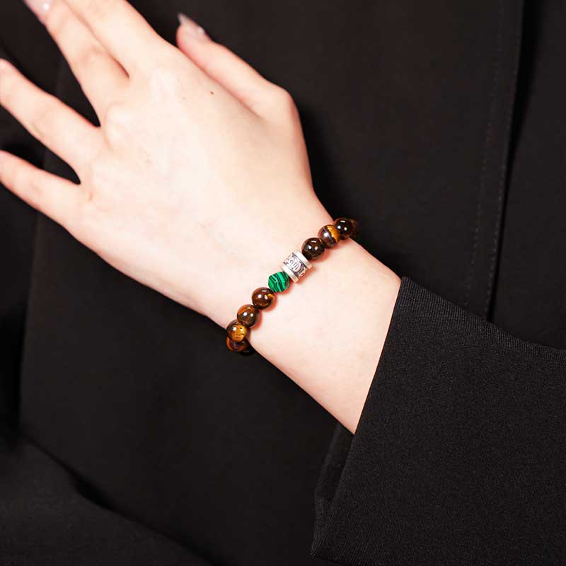 TaoVella Pure Silver Tiger's Eye Malachite Bracelet - Boost Wealth & Career - Spiritual Jewelry for Wealth, Protection & Healing | TaoVella