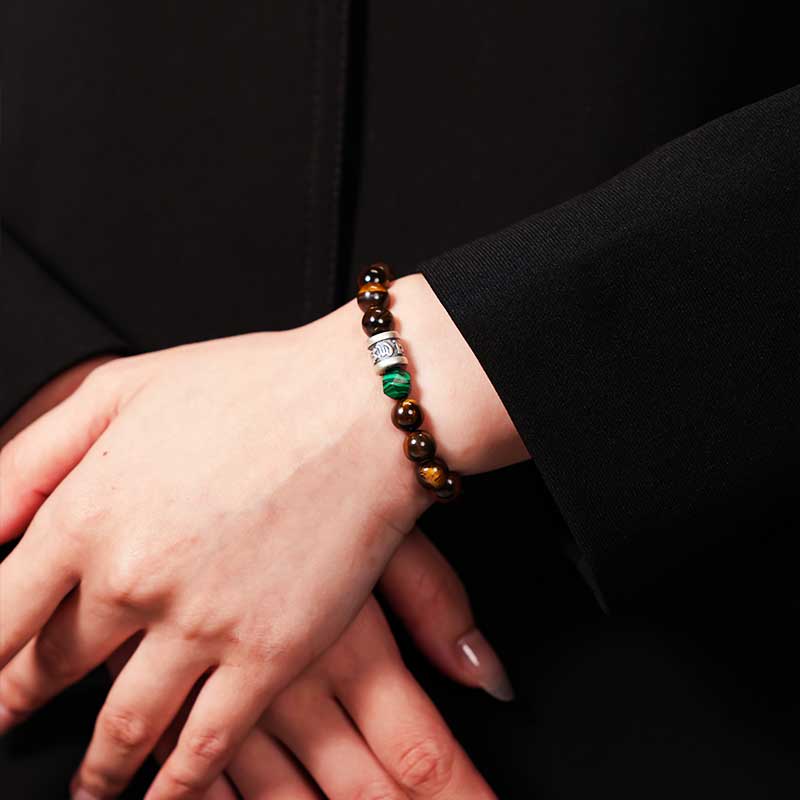 TaoVella Pure Silver Tiger's Eye Malachite Bracelet - Boost Wealth & Career - Spiritual Jewelry for Wealth, Protection & Healing | TaoVella