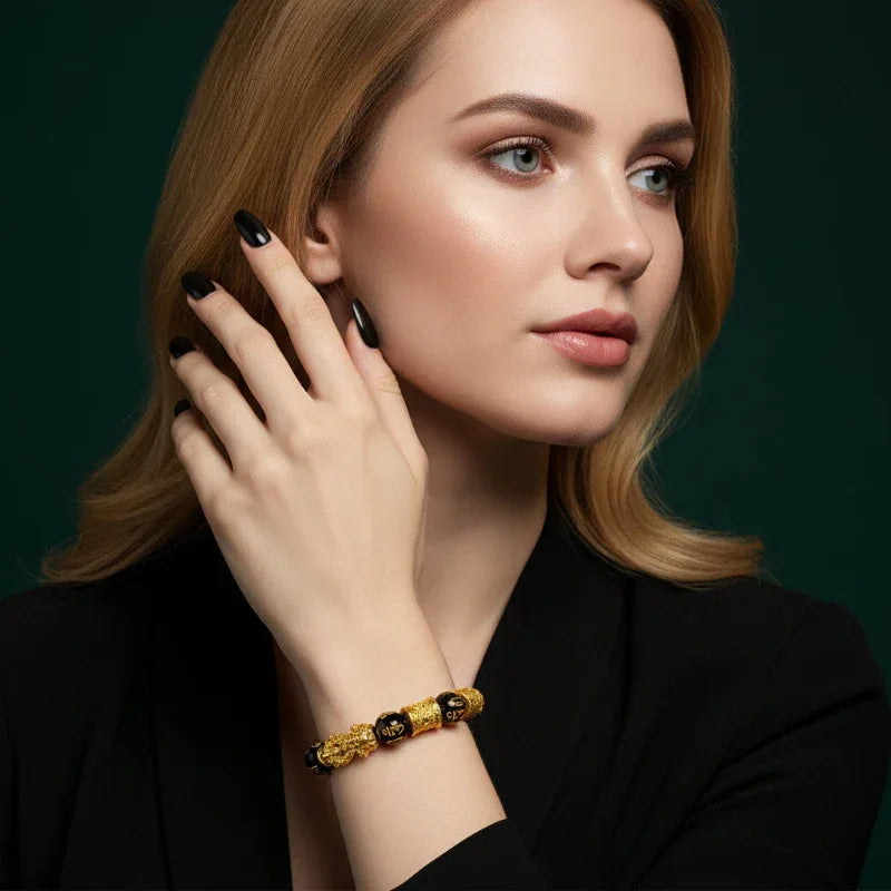 TaoVella Wealth Surge – Feng Shui Gold Pixiu Black Obsidian Prosperity Bracelet - TaoVella