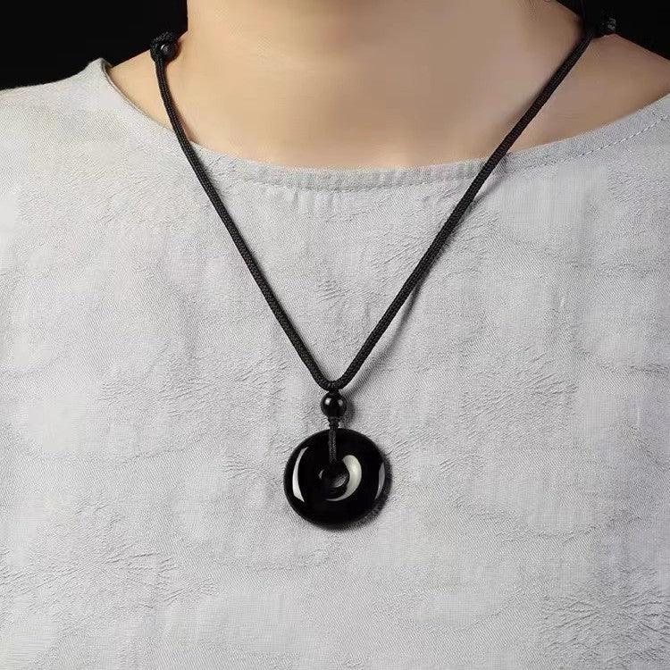 TaoVella Yin Yang Natural Obsidian Guardian & Good Luck Necklace - TaoVella