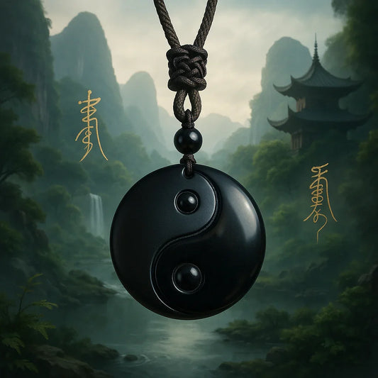 TaoVella Obsidian Taoist YinYang Good Fortune & Protection Taoist Necklace - TaoVella