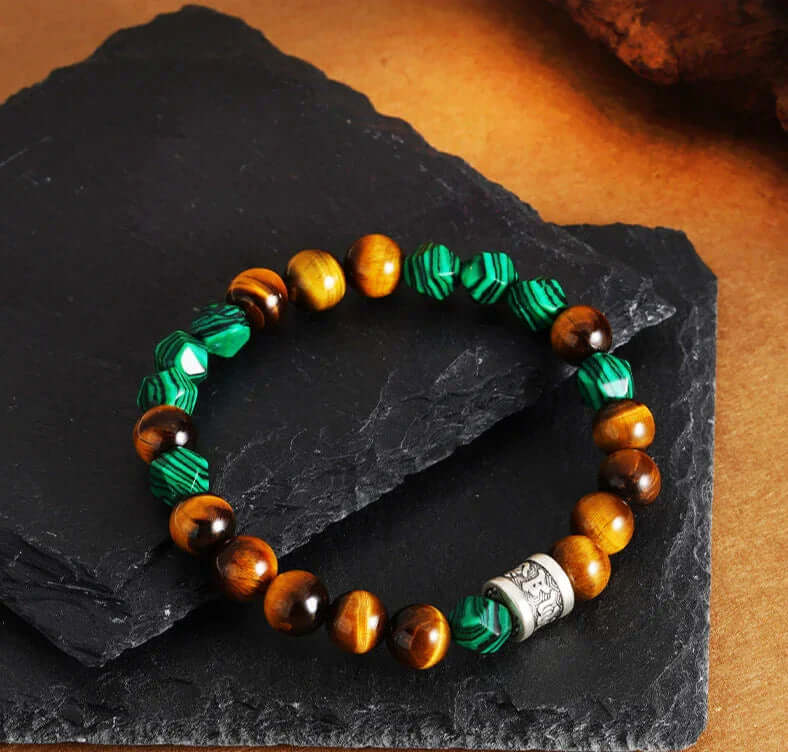 TaoVella Pure Silver Tiger's Eye Malachite Bracelet - Boost Wealth & Career - Spiritual Jewelry for Wealth, Protection & Healing | TaoVella