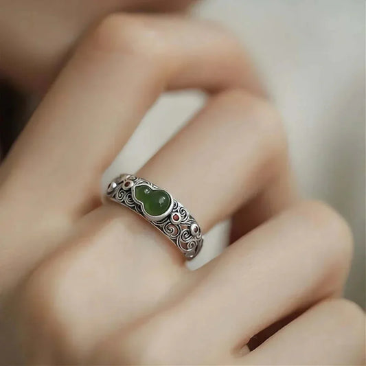 TaoVella "Blessed Harmony" 925 Silver Jade Gourd & Lucky Cloud Feng Shui Ring (Adjustable) - TaoVella