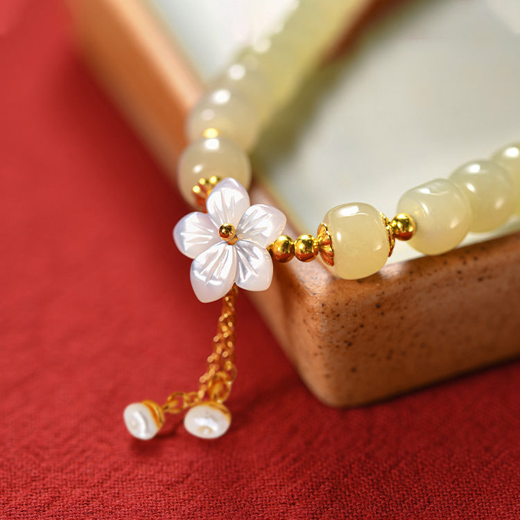 TaoVella Natural Jade & White Shell Cherry Blossom Bracelet Spiritual Protection