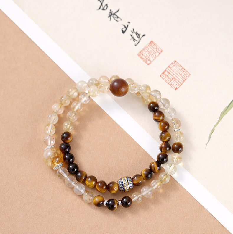 TaoVella Natural Citrine Tiger's Eye and Lightning-Struck Wood Double-Wrap Good Luck Bracelet