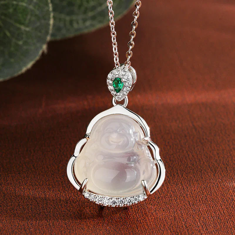 TaoVella Sterling Silver Maitreya Buddha Chalcedony Healing & Good Luck Necklace - TaoVella