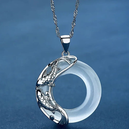 TaoVella Natural White Jade & Sterling 925Silver Double Fish Koi Good Luck Necklace - TaoVella
