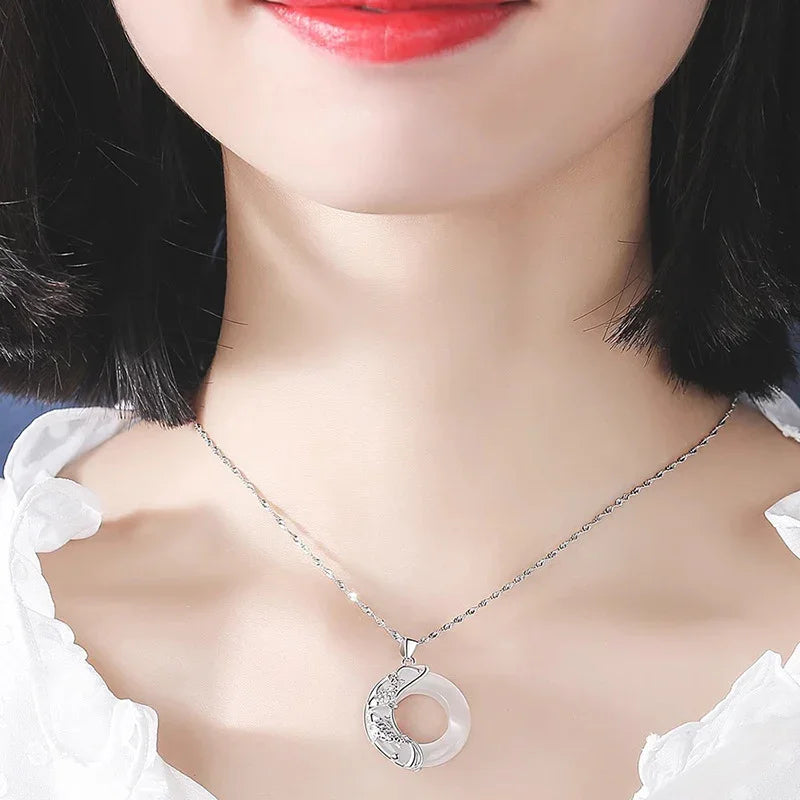 TaoVella Natural White Jade & Sterling 925Silver Double Fish Koi Good Luck Necklace - TaoVella