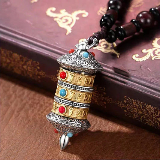 TaoVella Tibetan Fortune Wheel Six‑Syllable Mantra Prayer Wheel Amulet Necklace - TaoVella