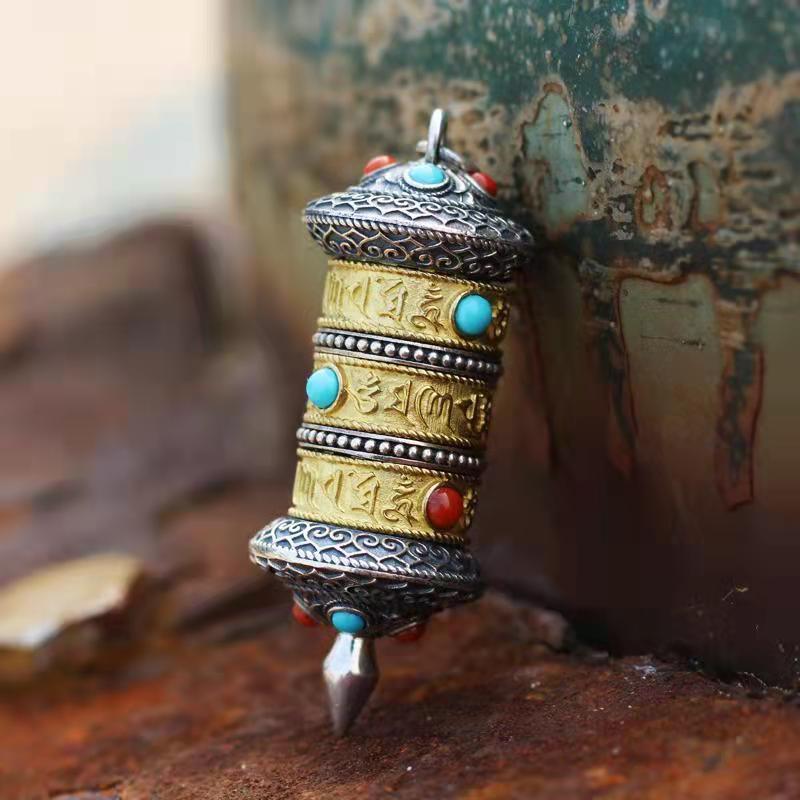 TaoVella Tibetan Fortune Wheel Six‑Syllable Mantra Prayer Wheel Amulet Necklace - TaoVella