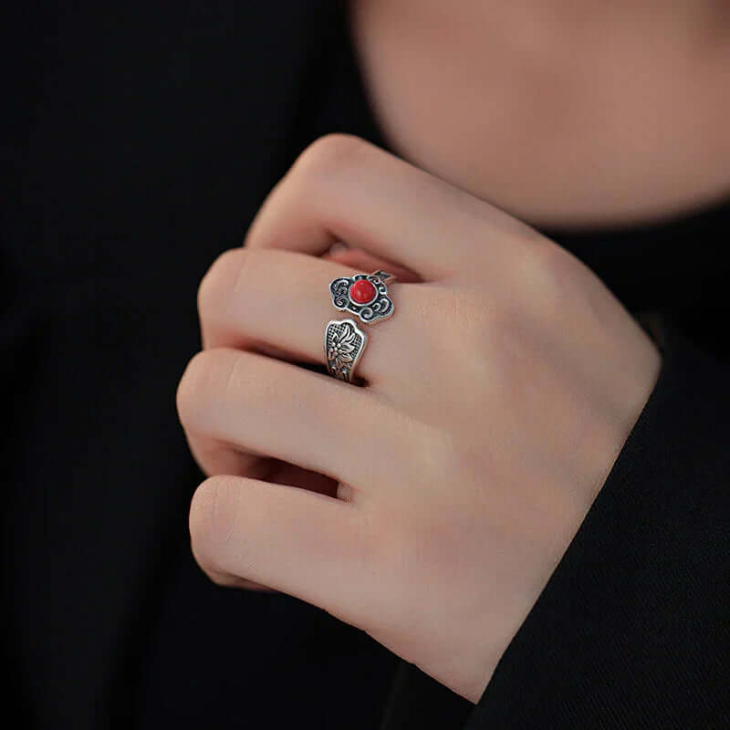 TaoVella 925 Silver Nanhong Agate Ruyi Charm Oriental Vintage Good Luck Ring (Adjustable) - TaoVella