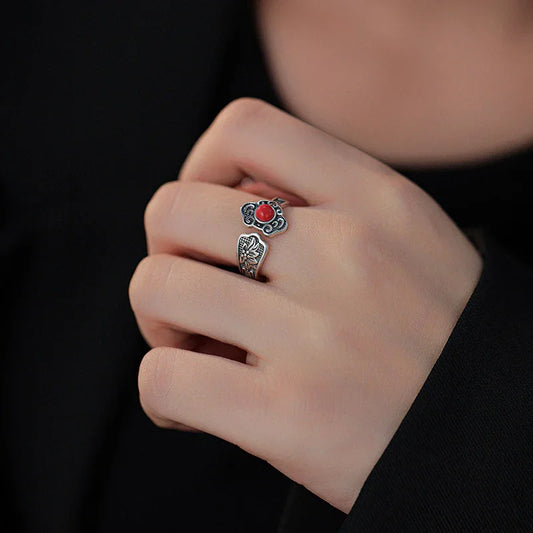 TaoVella 925 Silver Nanhong Agate Ruyi Charm Oriental Vintage Good Luck Ring (Adjustable) - TaoVella