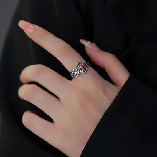 TaoVella 925 Silver Nanhong Agate Ruyi Charm Oriental Vintage Good Luck Ring (Adjustable) - TaoVella