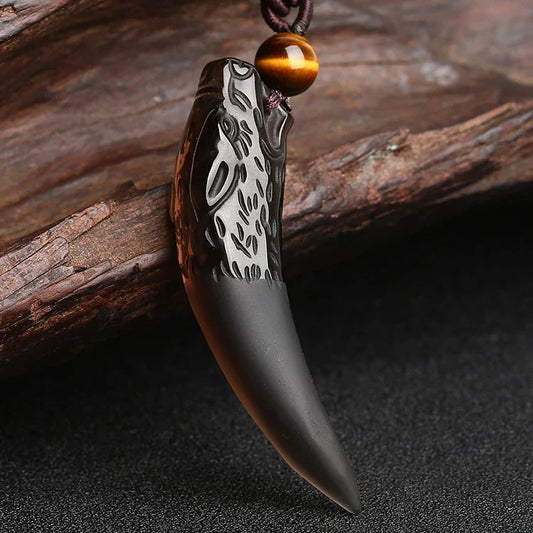 TaoVella Black Obsidian Wolf Tooth Protective Good Luck Energy Necklace - TaoVella