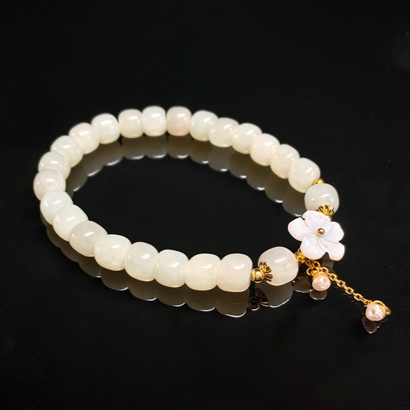 TaoVella Natural Jade & White Shell Cherry Blossom Bracelet Spiritual Protection
