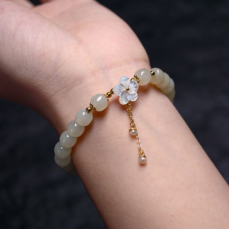 TaoVella Natural Jade & White Shell Cherry Blossom Bracelet Spiritual Protection