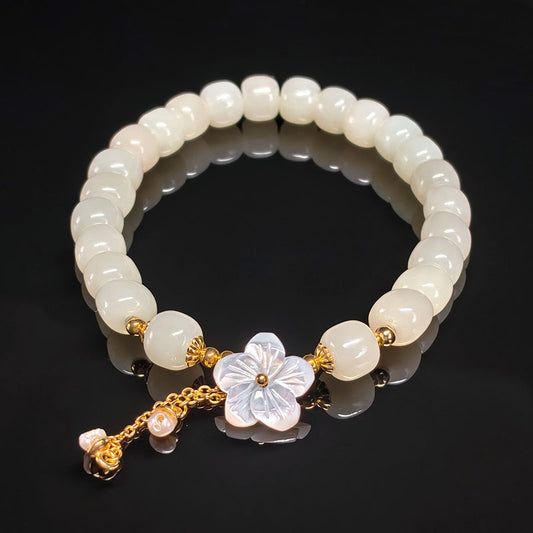 TaoVella Natural Jade & White Shell Cherry Blossom Bracelet Spiritual Protection