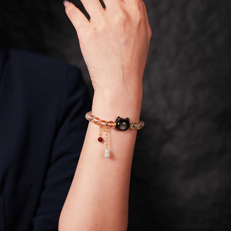 TaoVella Natural White Crystal and Black Obsidian Cat Bracelet - Guardian of Energy Order